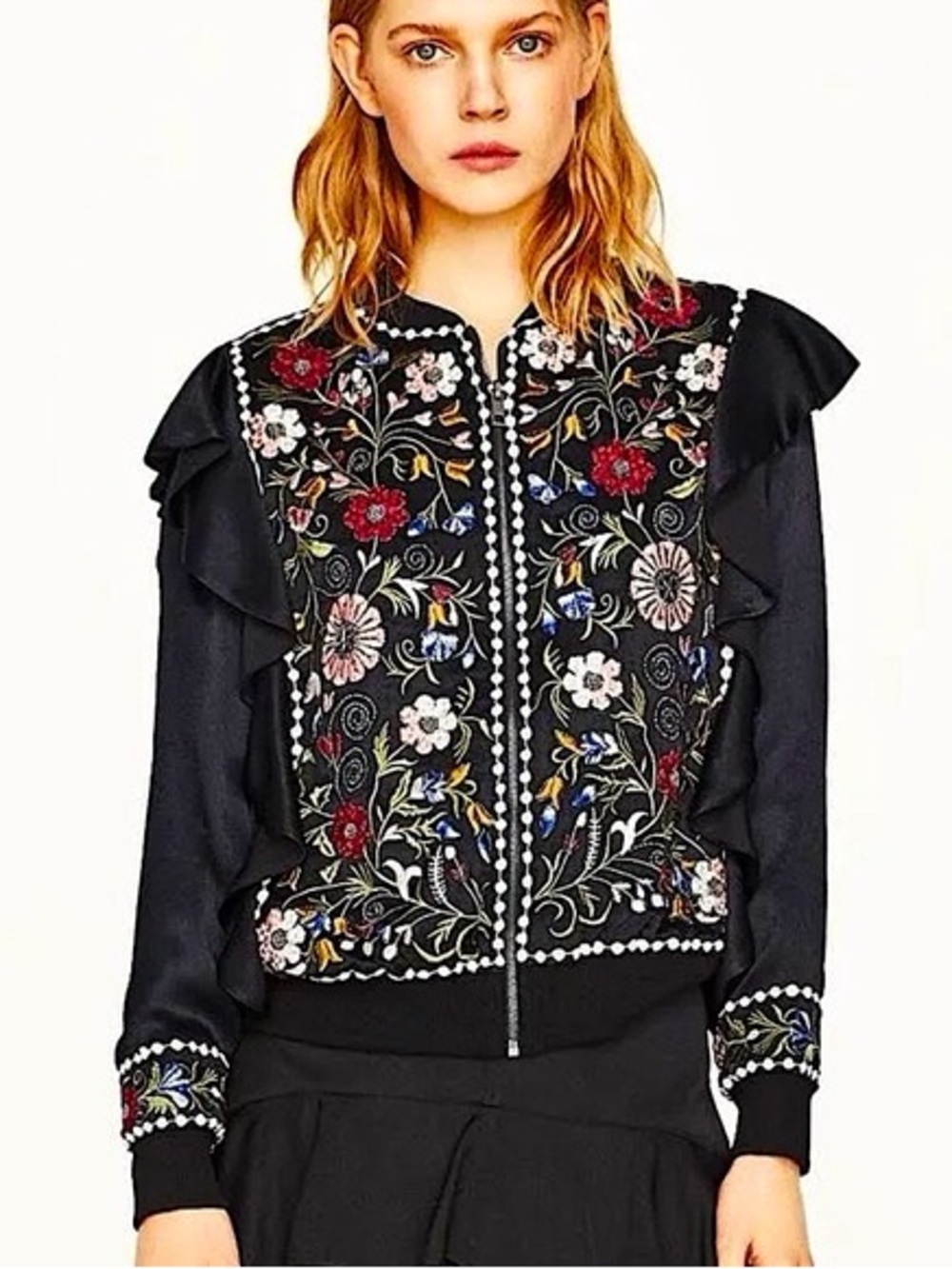 Zara Black Floral Embroidered Bomber Jacket